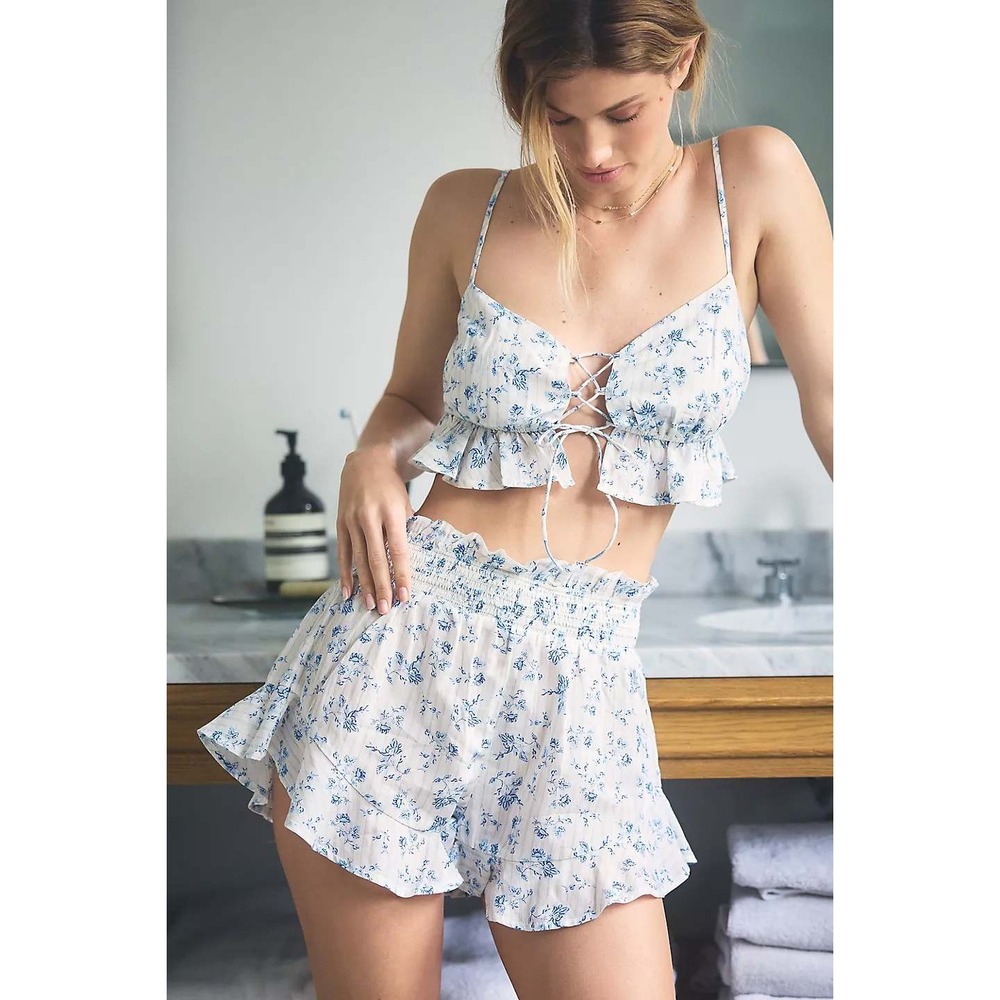 Anthropologie Floral Tie-Front Bralette Small Coquette Milkmaid Toile De Jouy